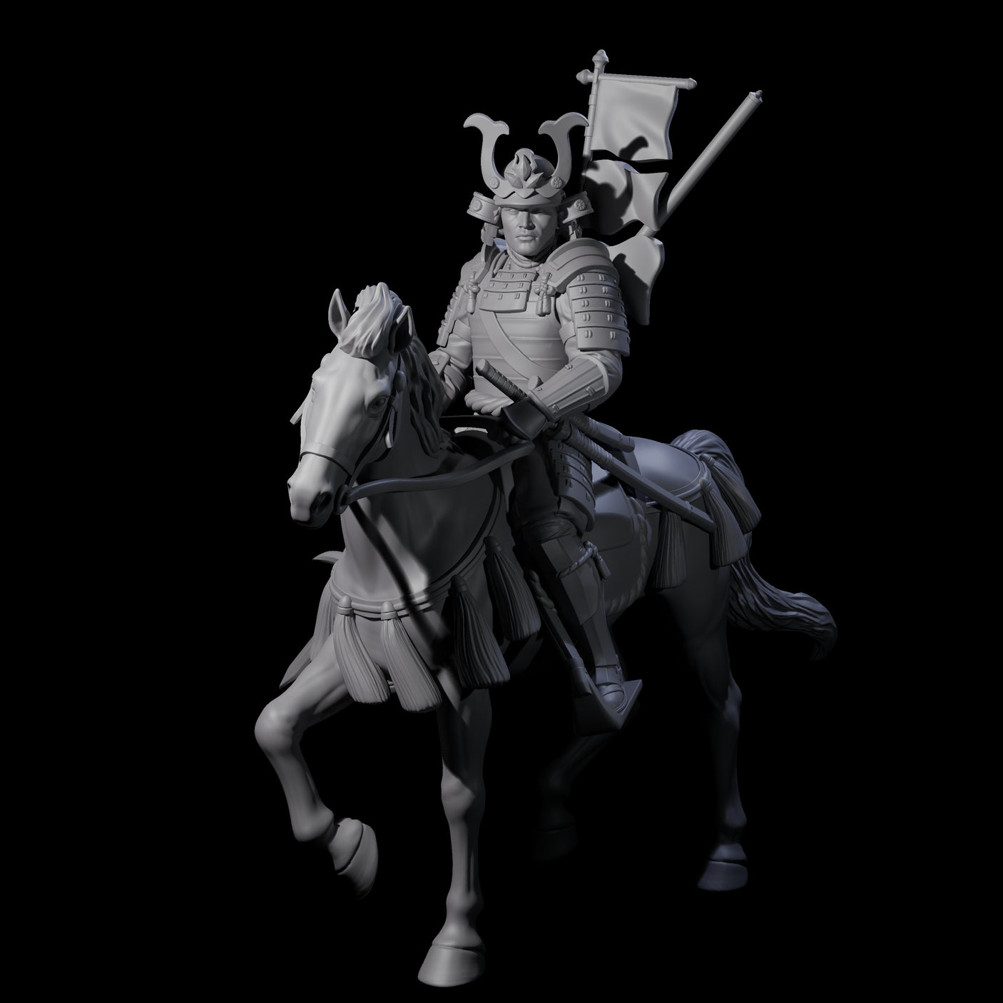 Samuari Flag Bearer on Horseback Miniature for Dungeons and Dragons, Pathfinder or other TTRPGs