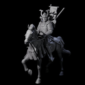 Samuari Flag Bearer on Horseback Miniature for Dungeons and Dragons, Pathfinder or other TTRPGs