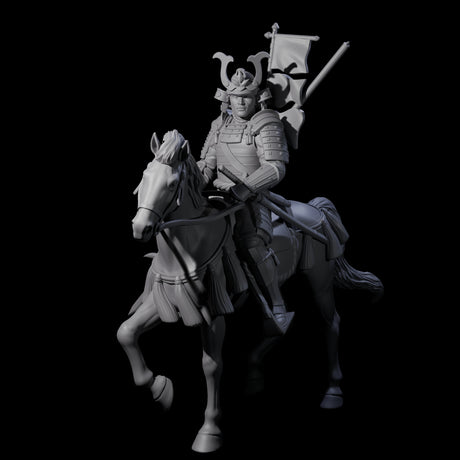Samuari Flag Bearer on Horseback Miniature for Dungeons and Dragons, Pathfinder or other TTRPGs