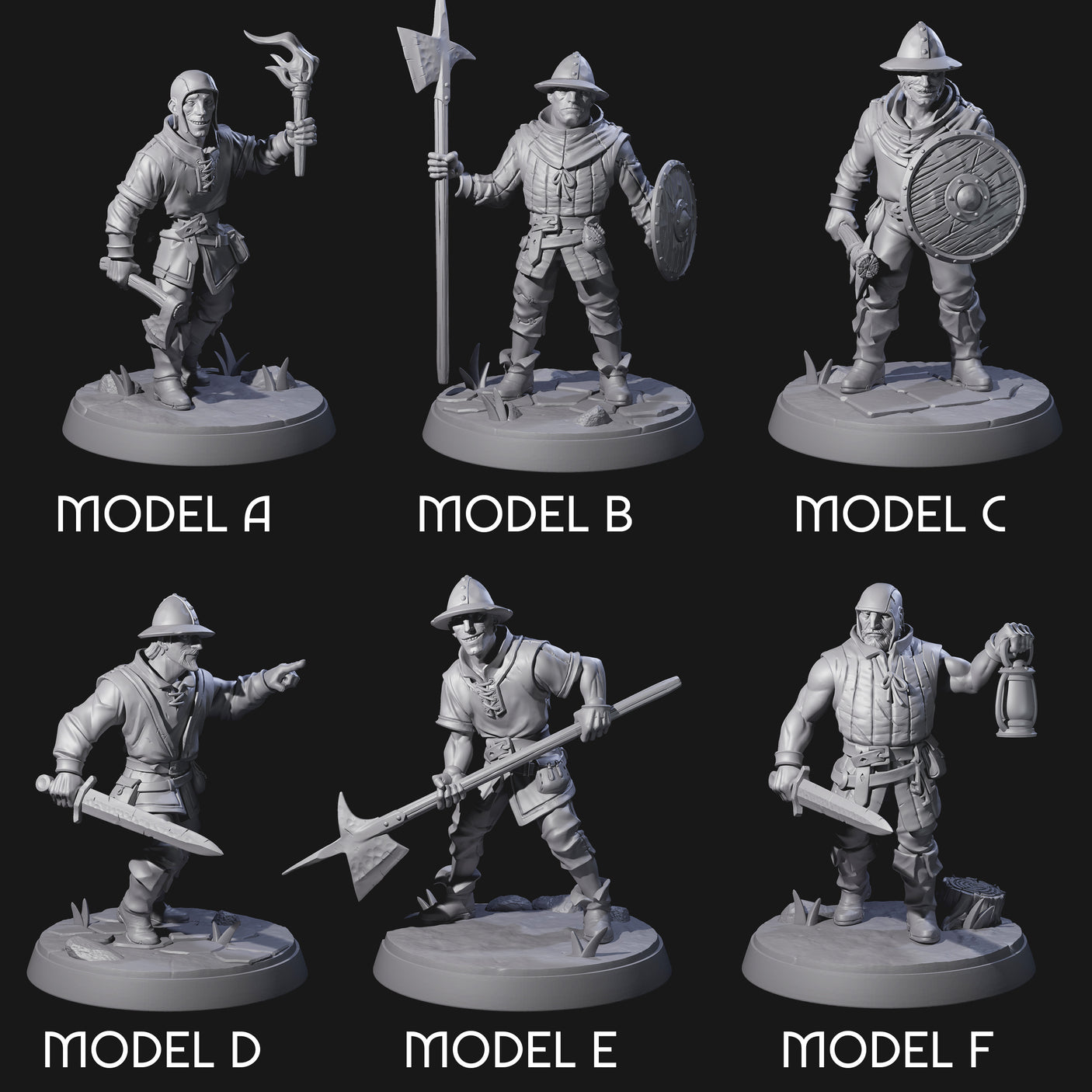 Six Cobbled Together Militia Miniature for Dungeons and Dragons, Pathfinder or other TTRPGs