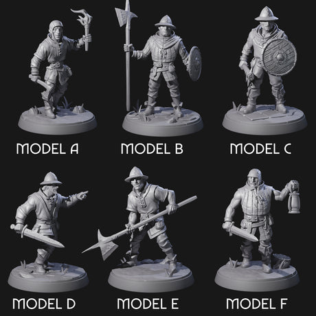 Six Cobbled Together Militia Miniature for Dungeons and Dragons, Pathfinder or other TTRPGs