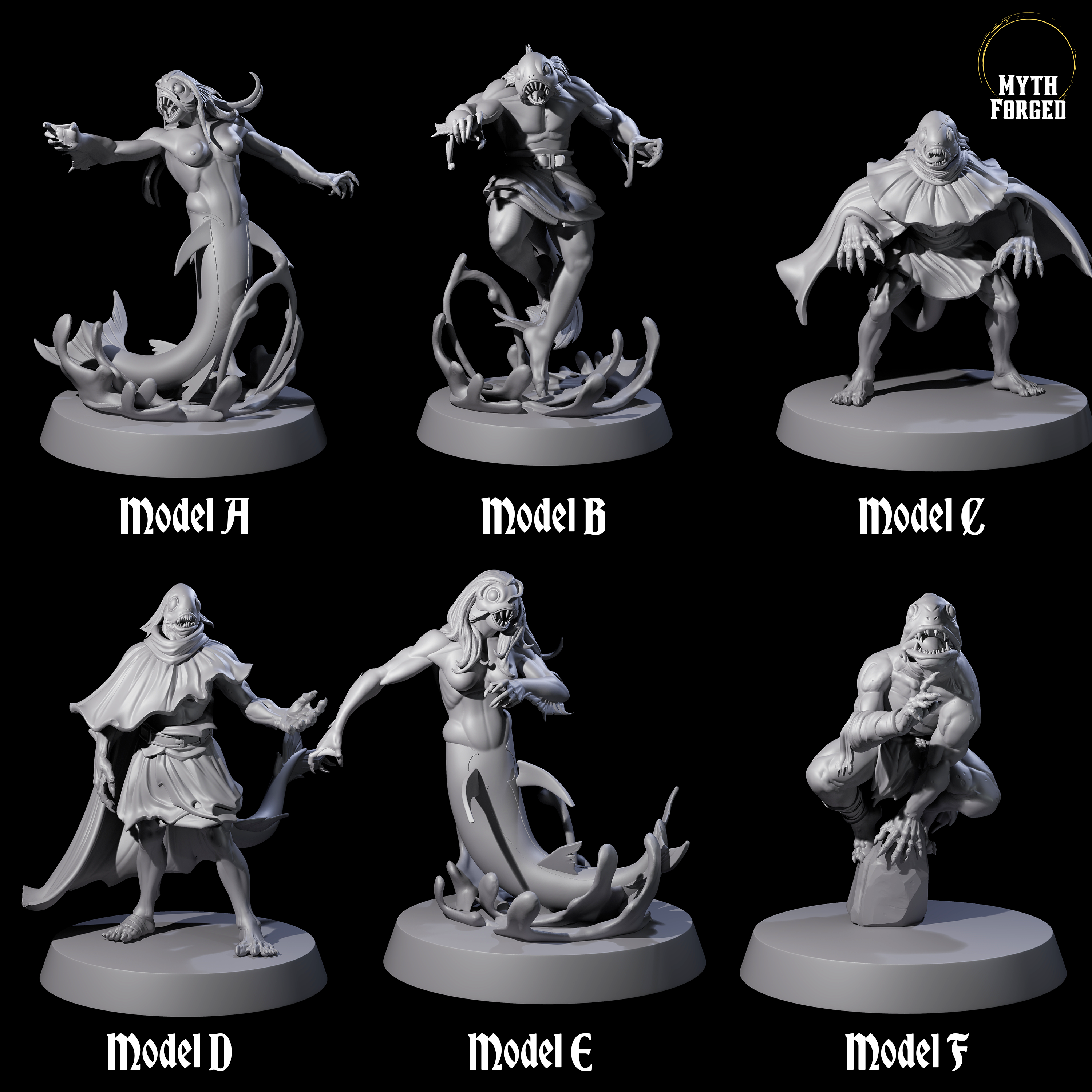 Six Fishy Deep Ones Miniature for Dungeons and Dragons, Pathfinder or other TTRPGs