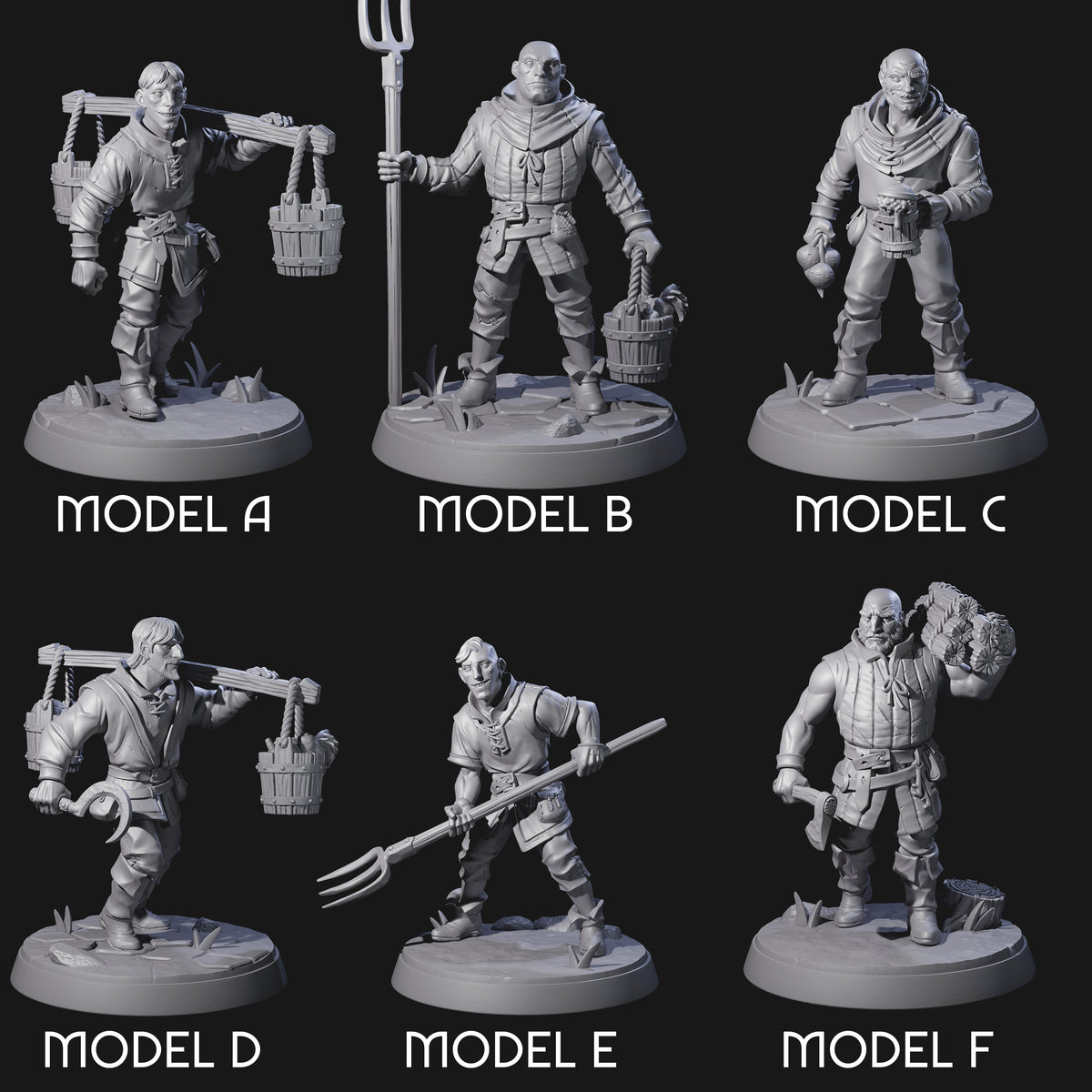 Six Hard Working Villagers Miniature for Dungeons and Dragons, Pathfinder or other TTRPGs