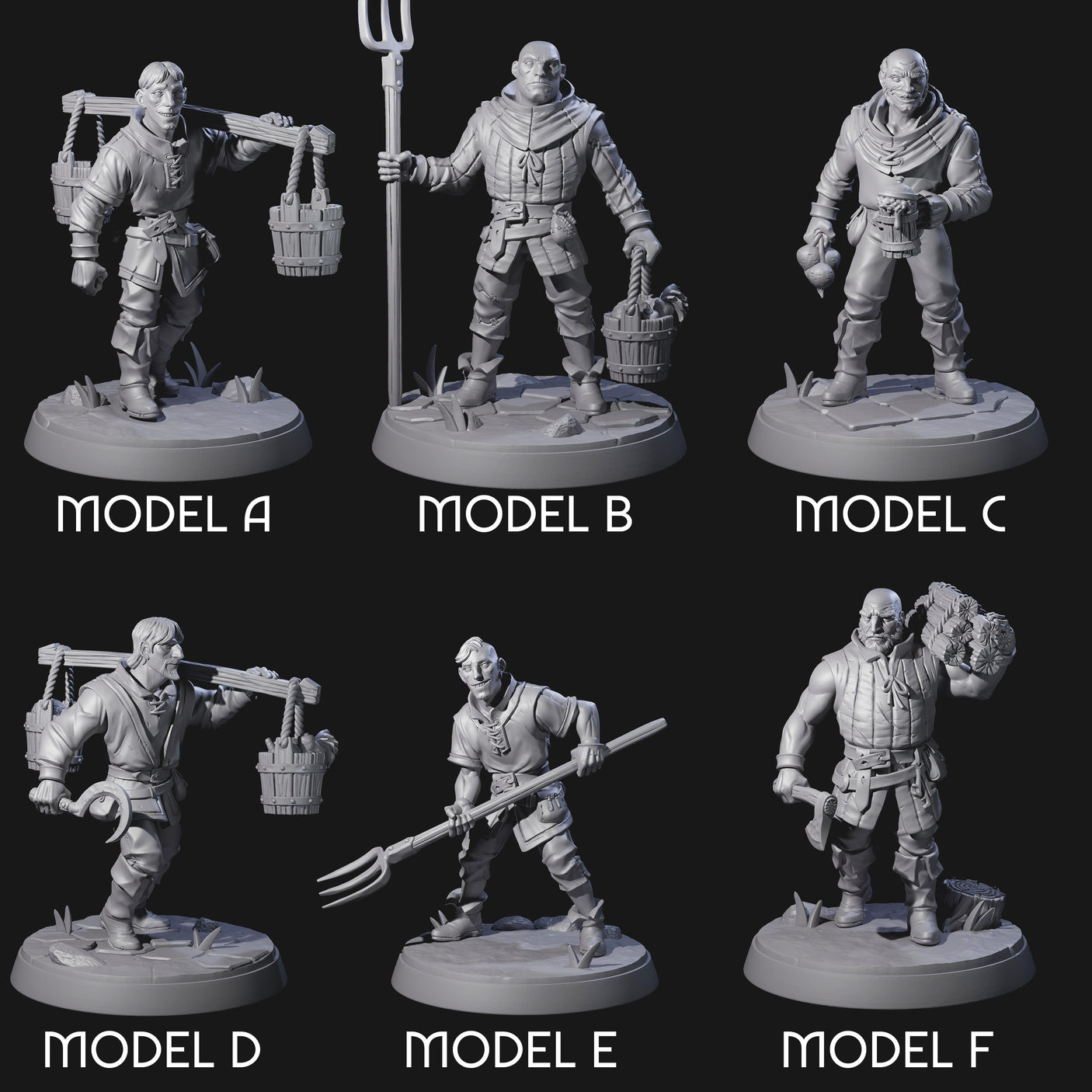 Six Hard Working Villagers Miniature for Dungeons and Dragons, Pathfinder or other TTRPGs