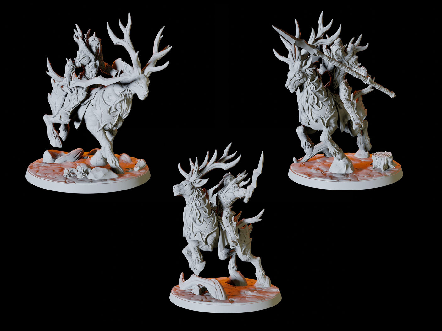 Three Elf Riders on Giant Stags Miniature for Dungeons and Dragons, Pathfinder or other TTRPGs