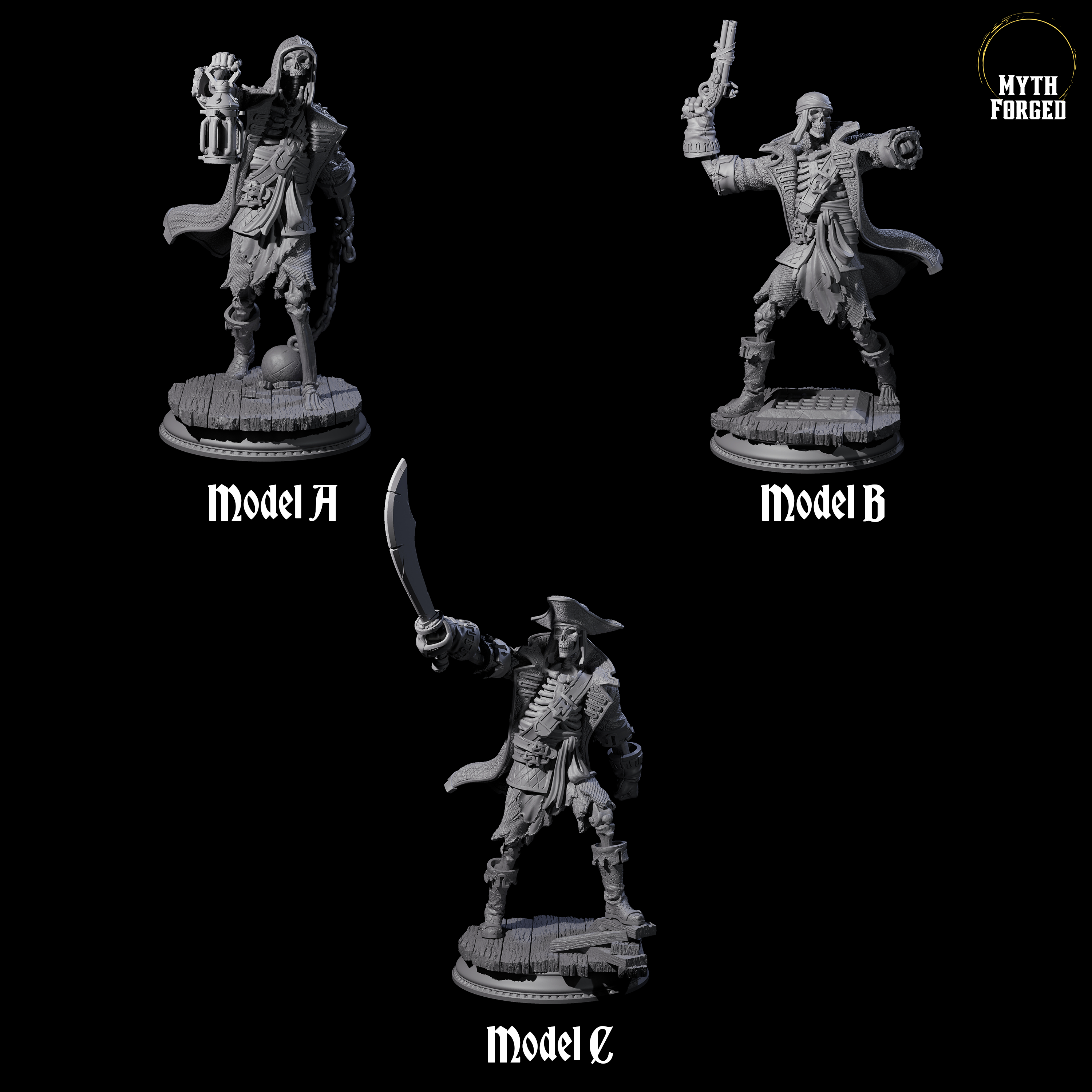 Three Falling Apart Pirate Skeleton Scallywags Miniature for Dungeons and Dragons, Pathfinder or other TTRPGs