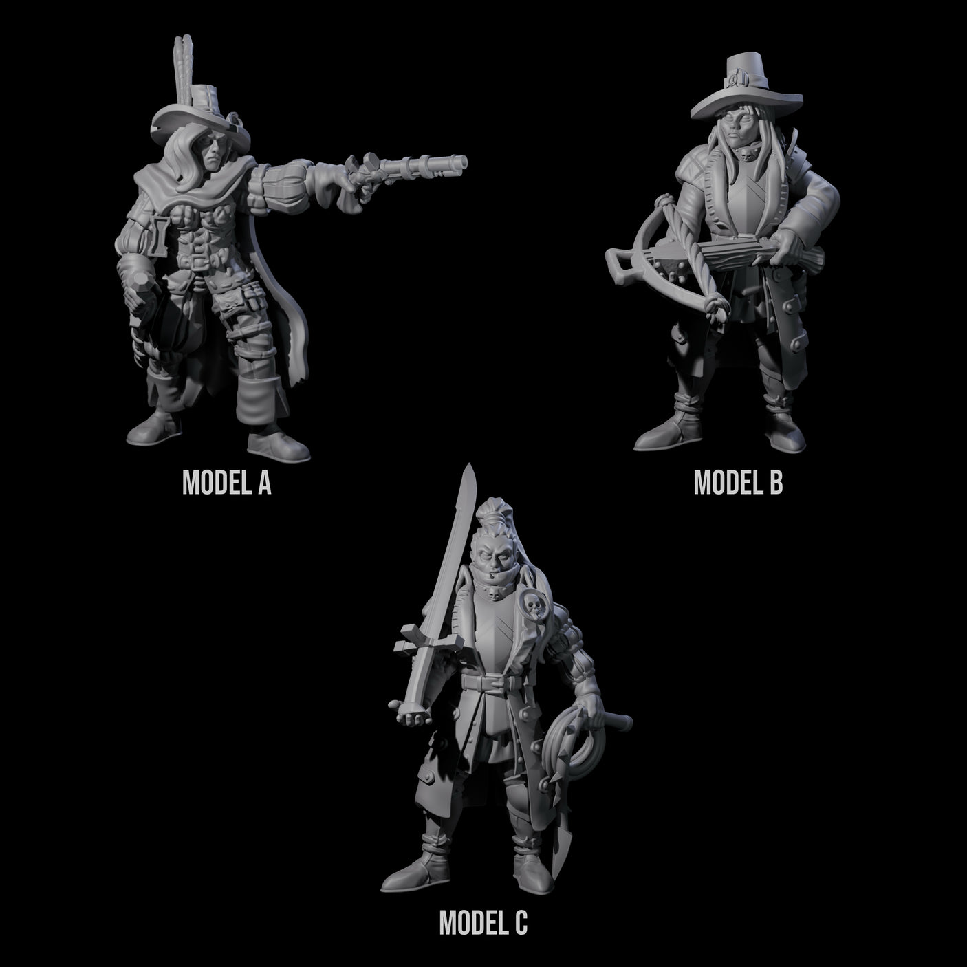 Three Female Inquisition Hunters Miniature for Dungeons and Dragons, Pathfinder or other TTRPGs