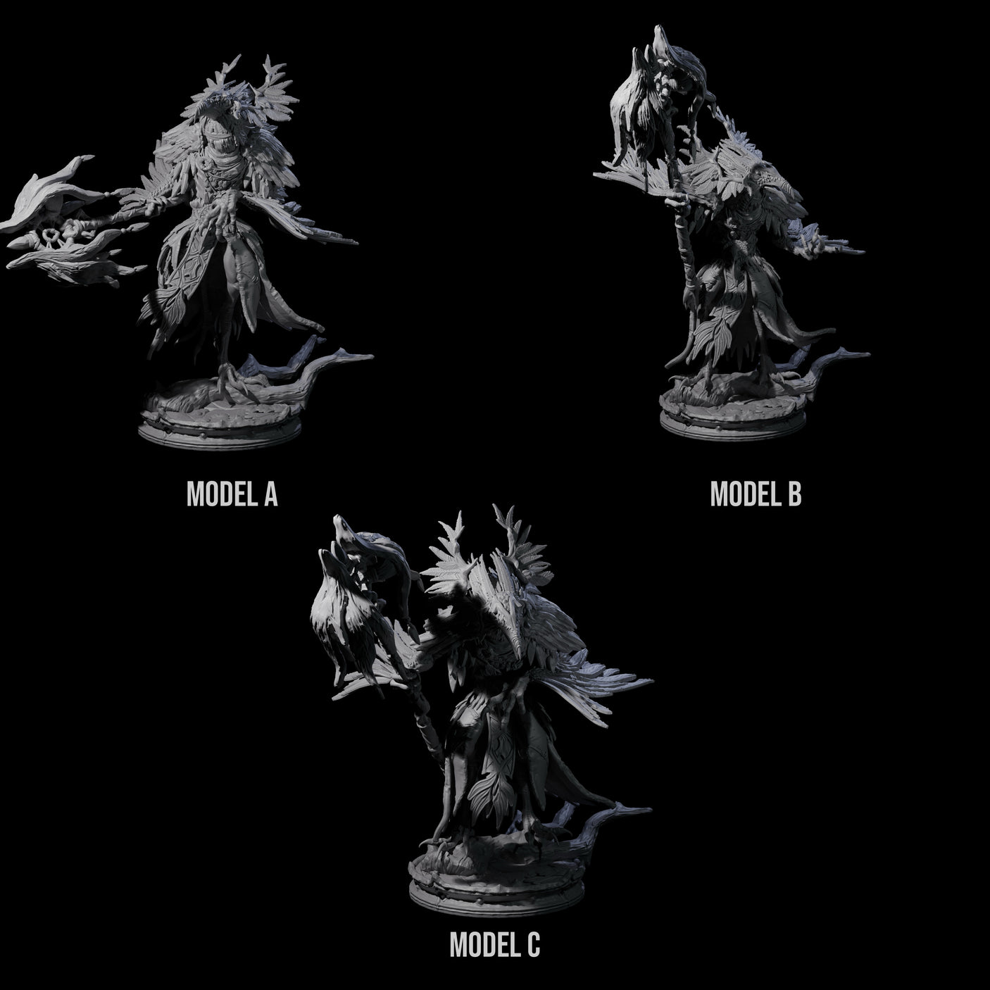 Three Feral Raven Druids Miniature for Dungeons and Dragons, Pathfinder or other TTRPGs