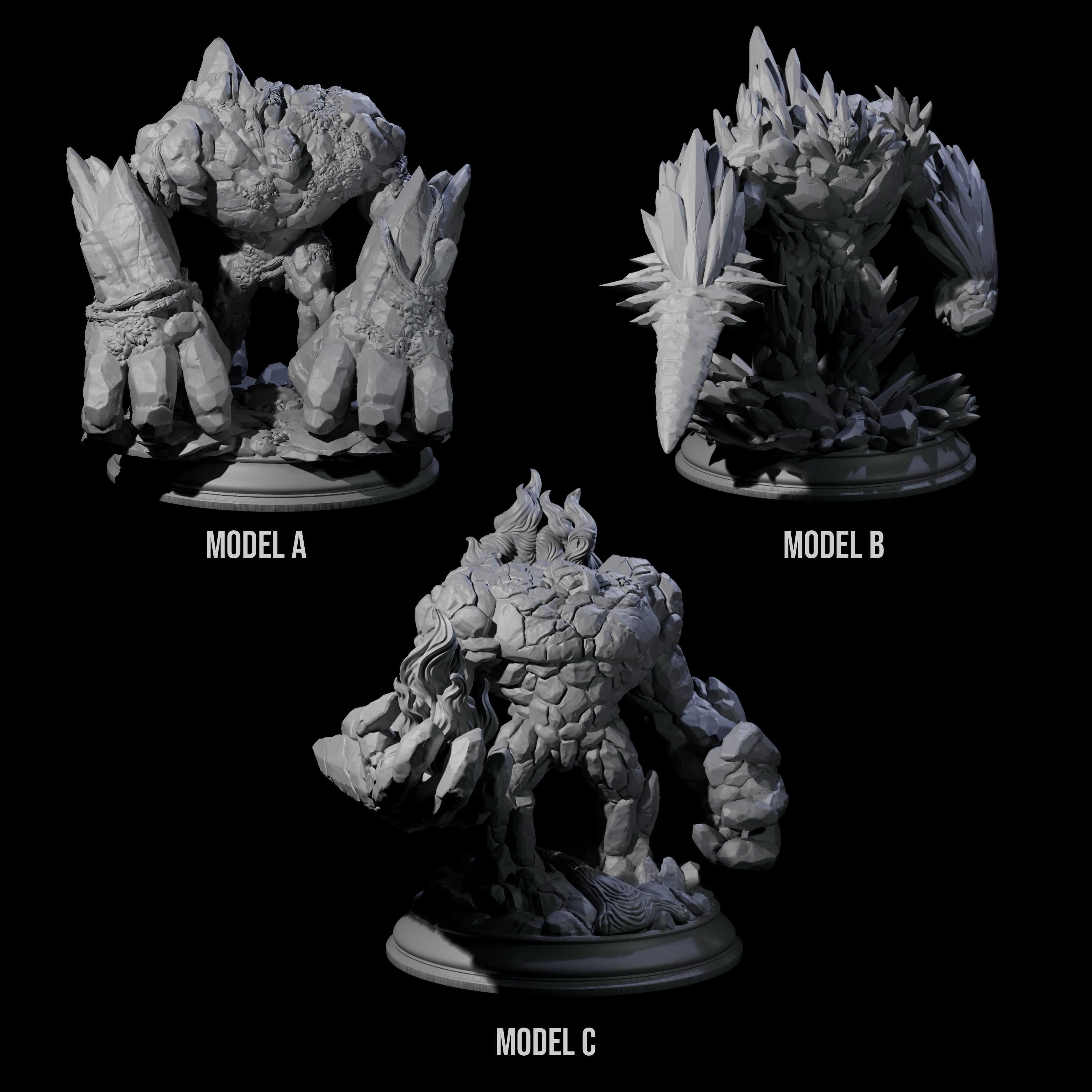 Three Hulking Elemental Golems Miniature for Dungeons and Dragons, Pathfinder or other TTRPGs