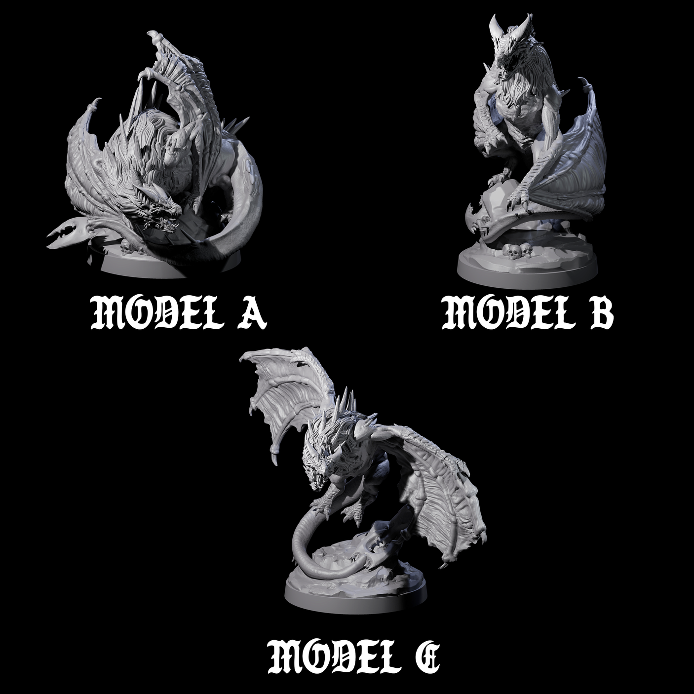 Three Hunched Young Black Dragons Miniature for Dungeons and Dragons, Pathfinder or other TTRPGs