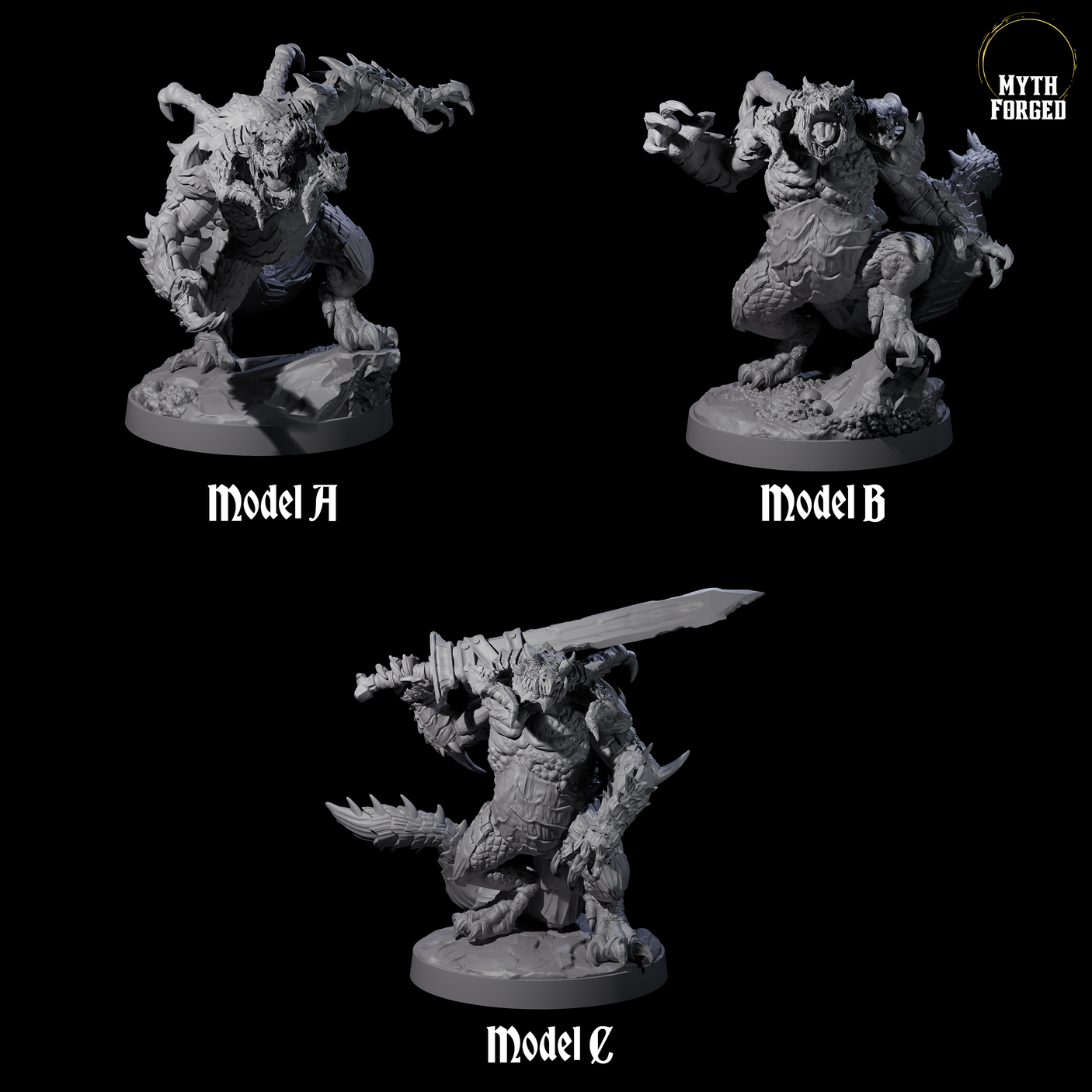 Three Massive Dragon Ogres Miniature for Dungeons and Dragons, Pathfinder or other TTRPGs