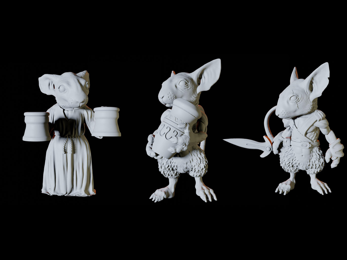 Three Mousling Commoners Miniature for Dungeons and Dragons, Pathfinder or other TTRPGs