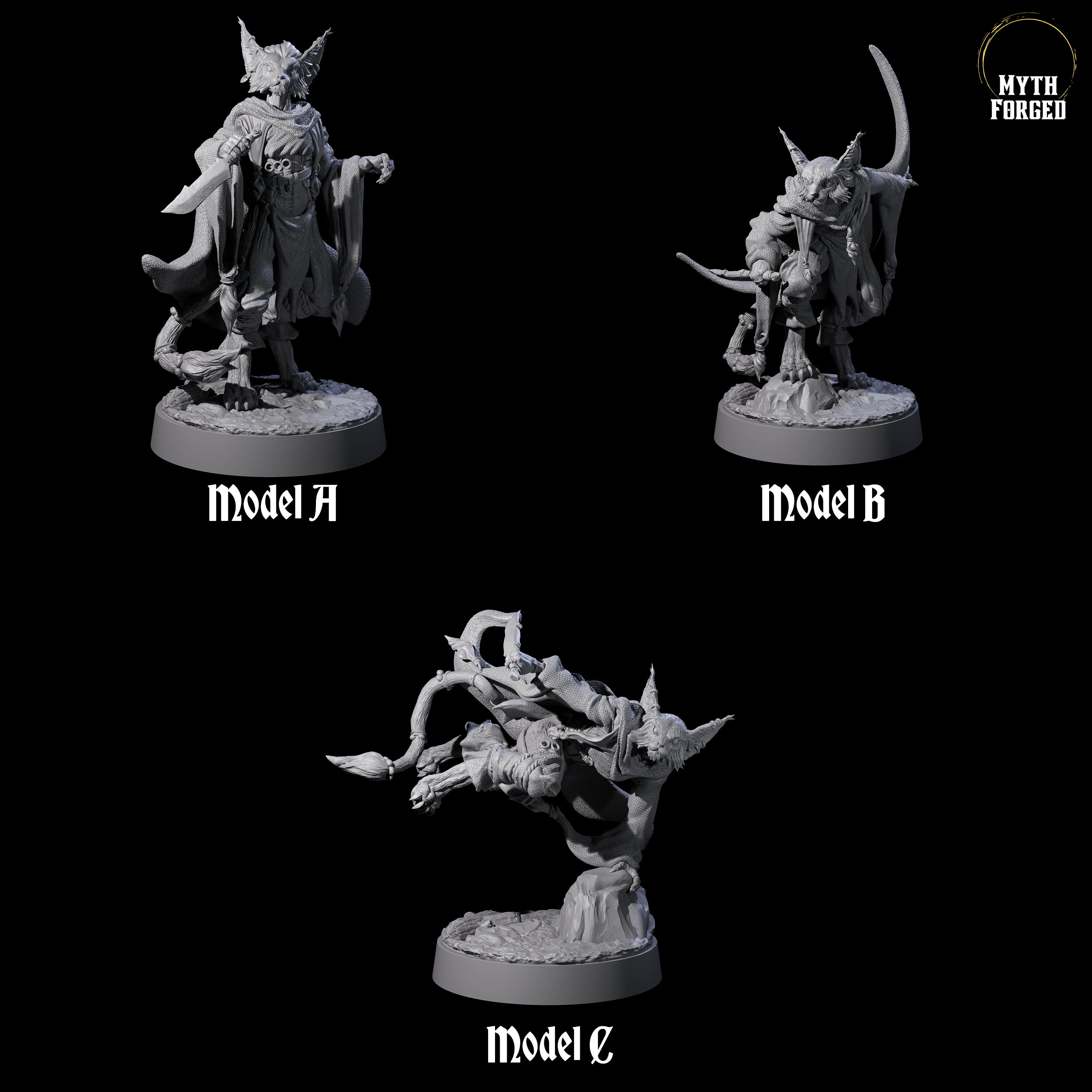 Three Robed Tabaxi Rogues Miniature for Dungeons and Dragons, Pathfinder or other TTRPGs