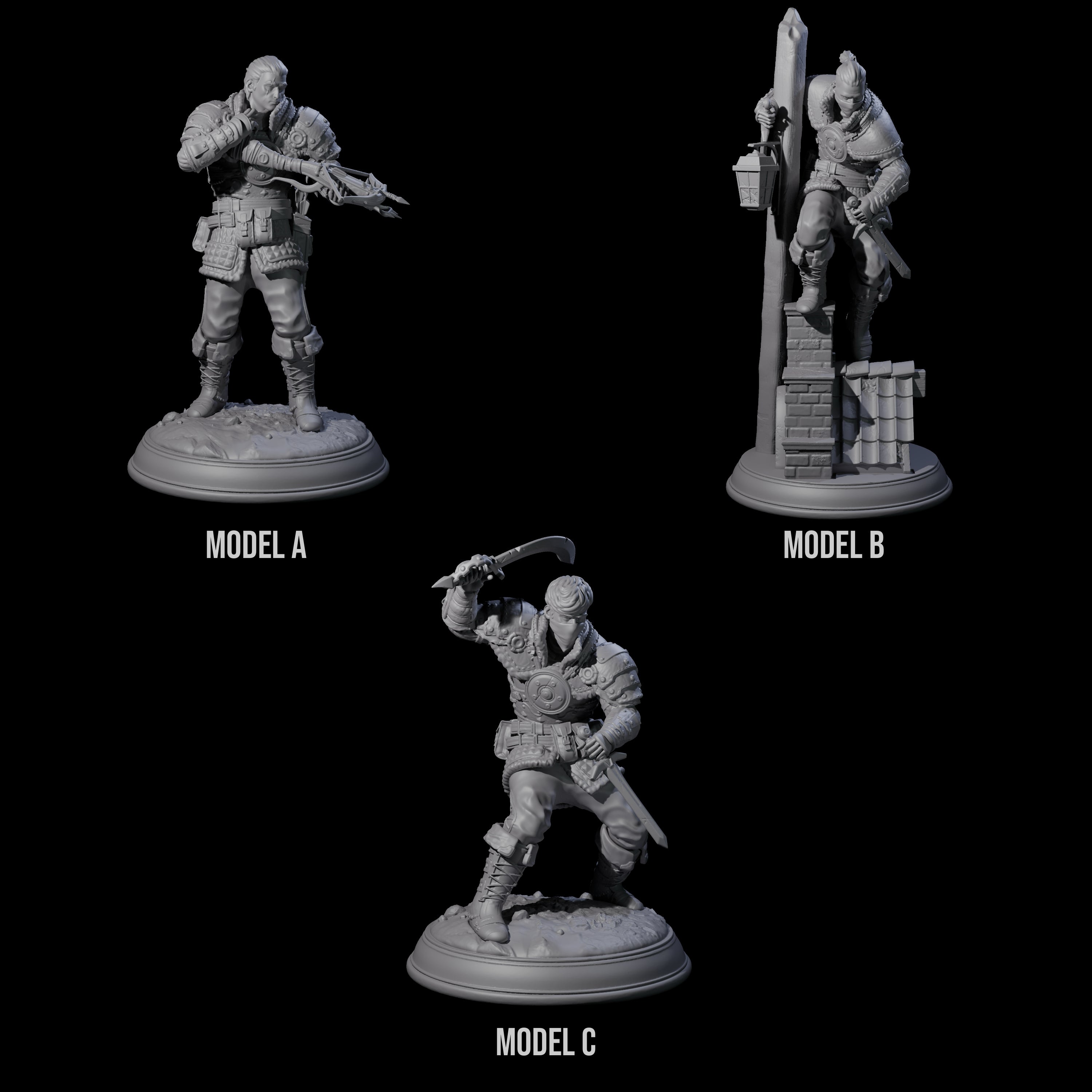 Three Rooftop Assassins Miniature for Dungeons and Dragons, Pathfinder or other TTRPGs