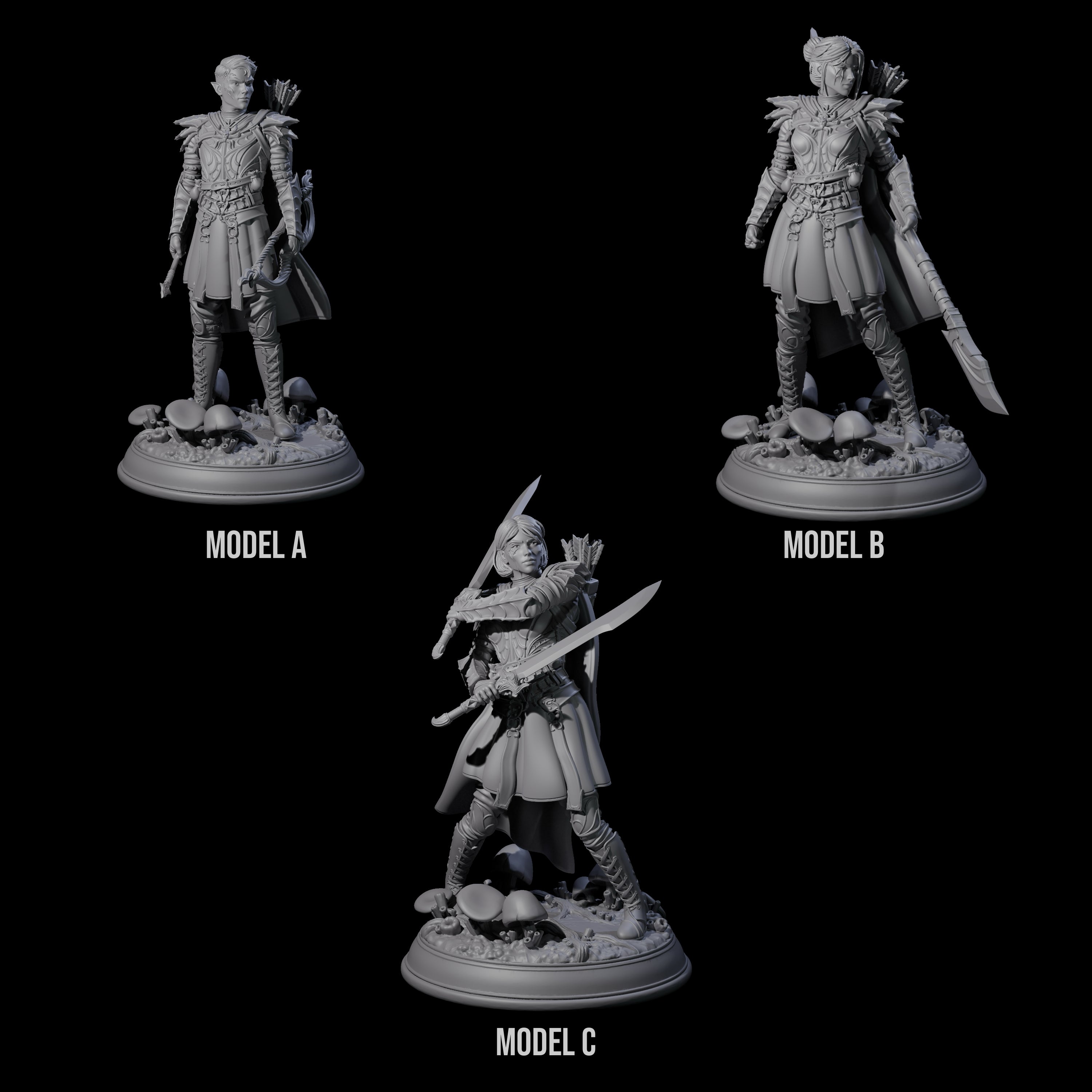 Three Slender Drow Hunters Miniature for Dungeons and Dragons, Pathfinder or other TTRPGs