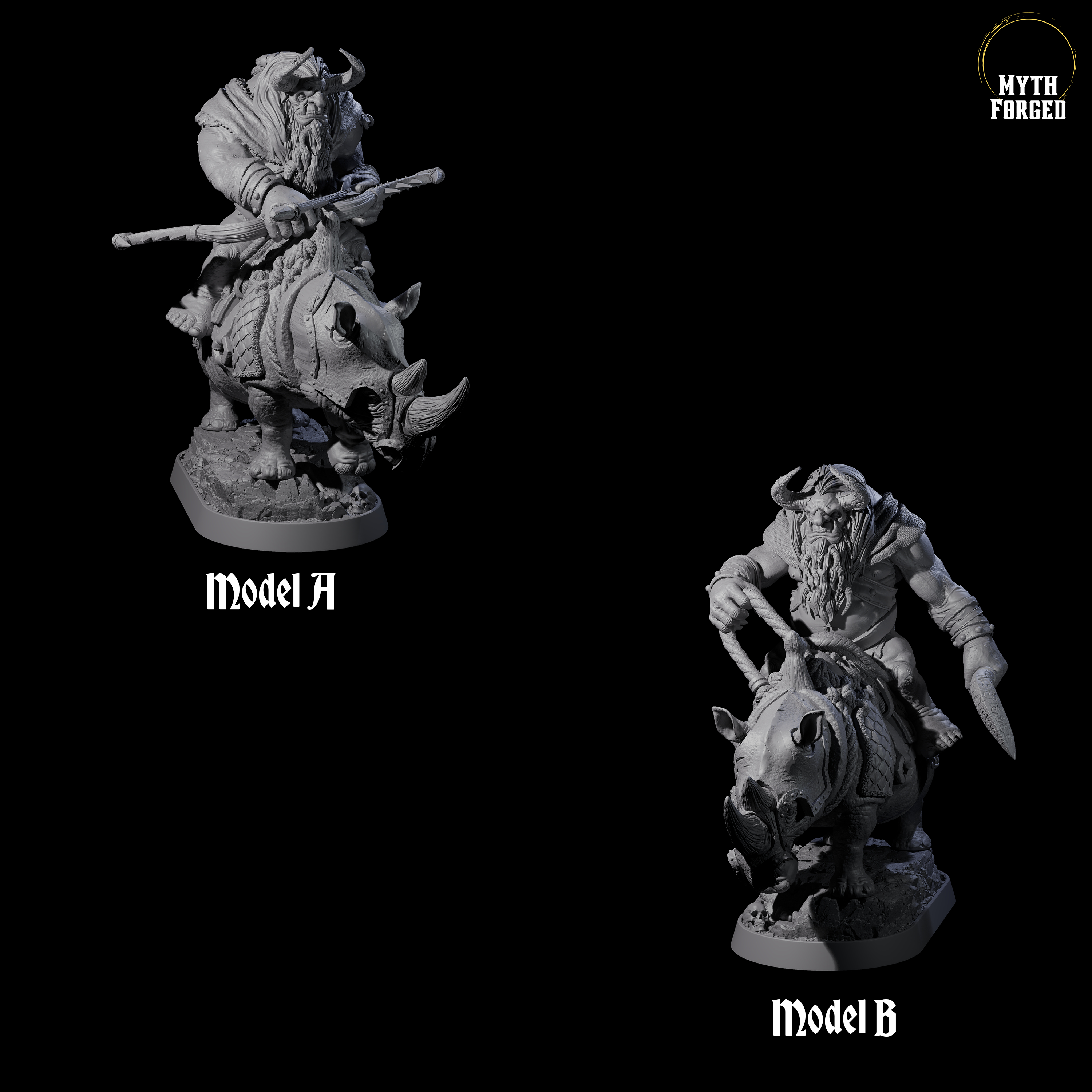 Two Charging Ogre Rhino Riders Miniature for Dungeons and Dragons, Pathfinder or other TTRPGs