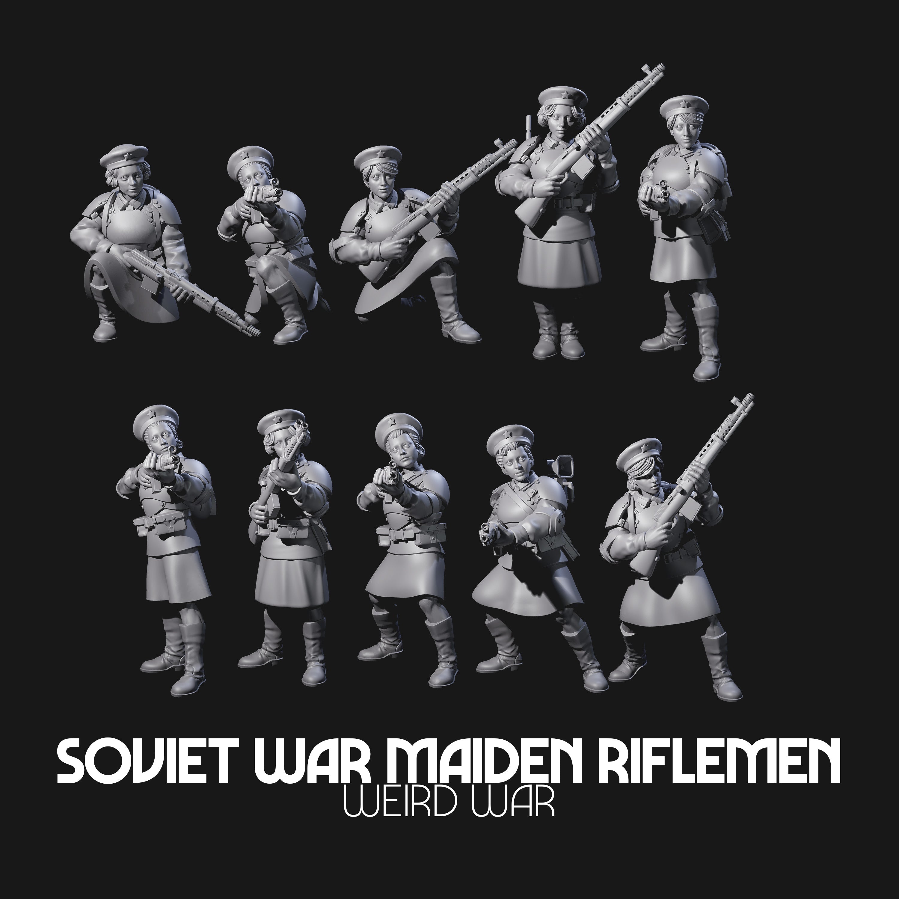 Weird War Soviet Shooting War Maiden Riflemen Miniature for Dungeons and Dragons, Pathfinder or other TTRPGs