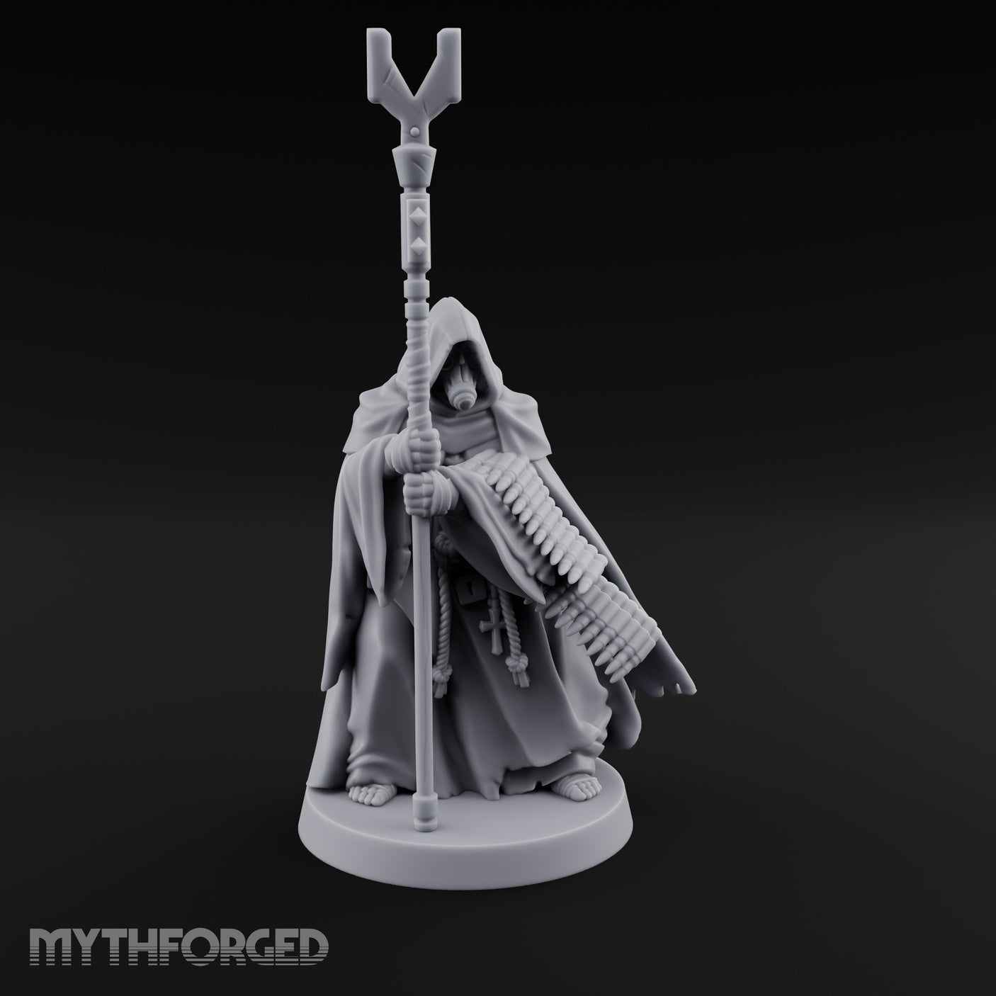 Ammo Draped Fork Staff Gripping Human Monk — With