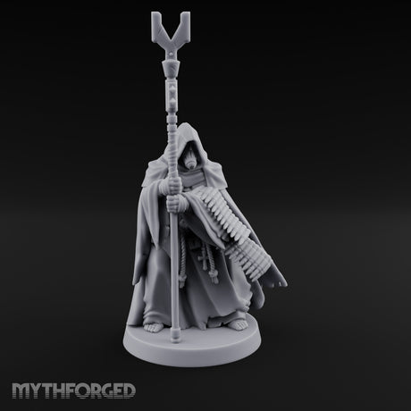 Ammo Draped Fork Staff Gripping Human Monk — With
