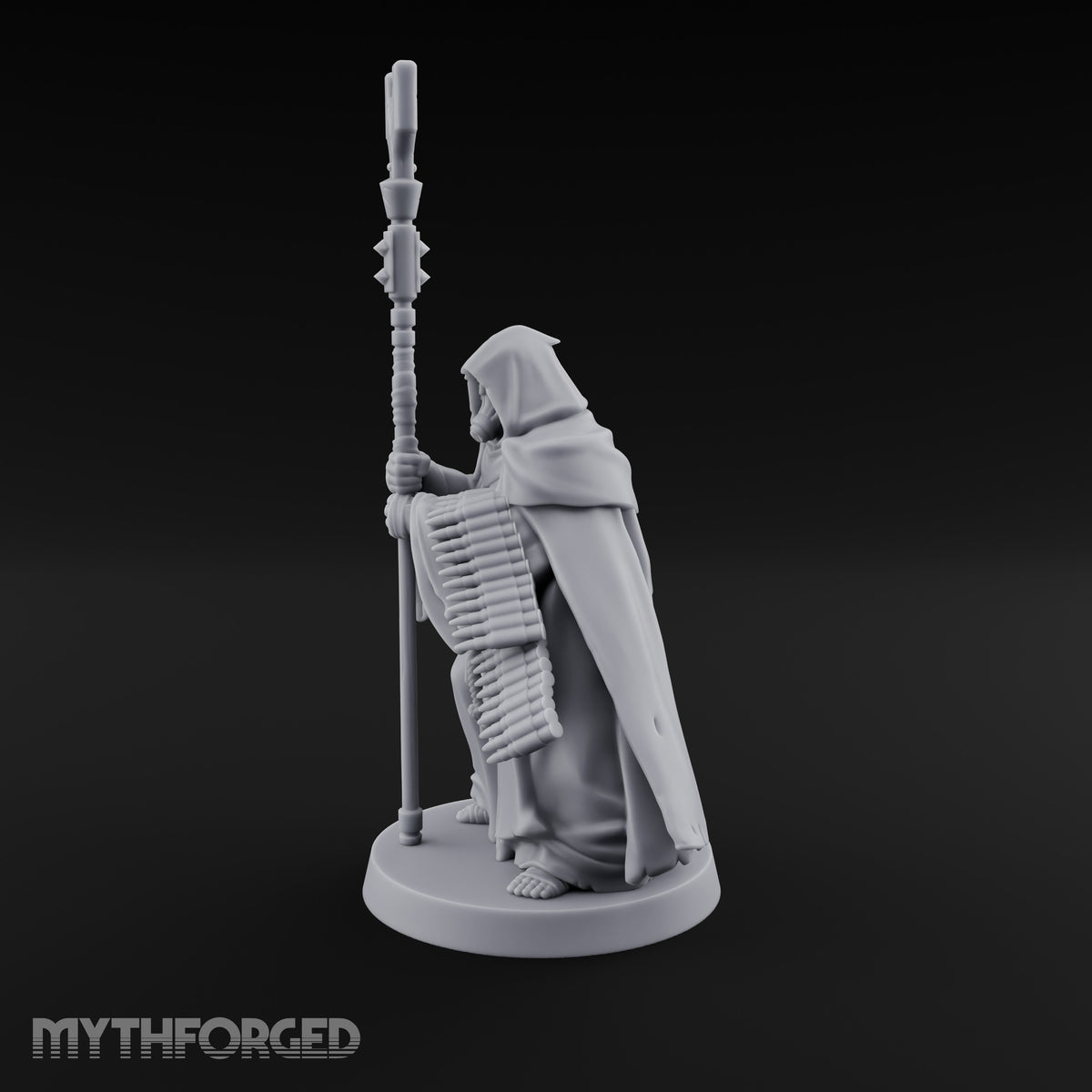 Ammo Draped Fork Staff Gripping Human Monk Miniature for Dungeons and Dragons, Pathfinder or other TTRPGs