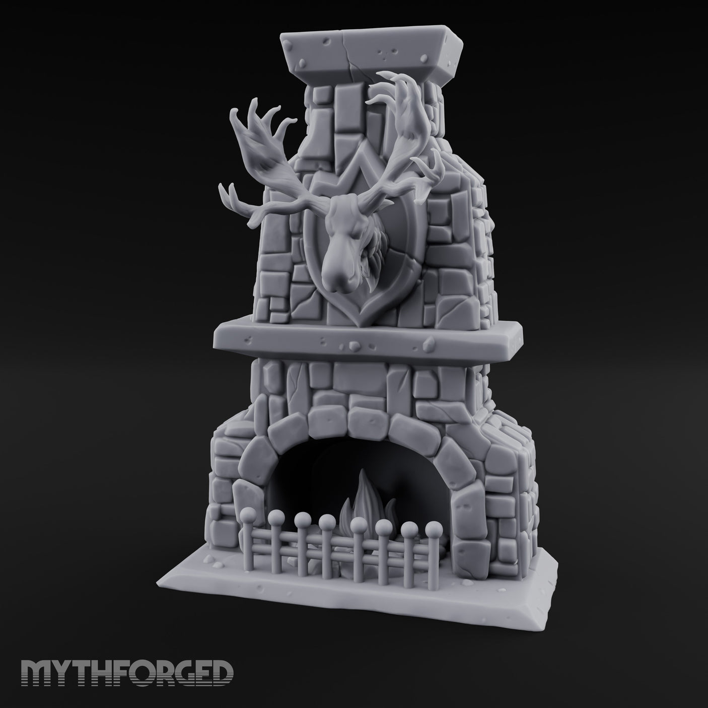 Antler-Mounted Flame-Grated Hunter's Lodge Stone Fireplace Miniature for Dungeons and Dragons, Pathfinder or other TTRPGs