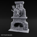 Antler-Mounted Flame-Grated Hunter's Lodge Stone Fireplace Miniature for Dungeons and Dragons, Pathfinder or other TTRPGs
