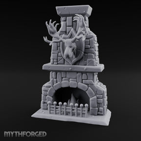 Antler-Mounted Flame-Grated Hunter's Lodge Stone Fireplace Miniature for Dungeons and Dragons, Pathfinder or other TTRPGs