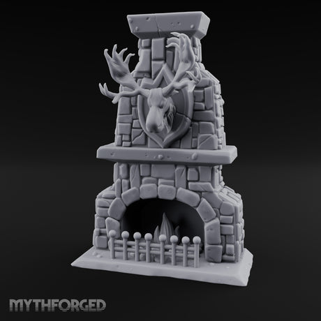 Antler-Mounted Flame-Grated Hunter's Lodge Stone Fireplace Miniature for Dungeons and Dragons, Pathfinder or other TTRPGs