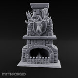 Antler-Mounted Flame-Grated Hunter's Lodge Stone Fireplace Miniature for Dungeons and Dragons, Pathfinder or other TTRPGs