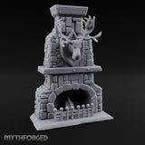 Antler-Mounted Flame-Grated Hunter's Lodge Stone Fireplace Miniature for Dungeons and Dragons, Pathfinder or other TTRPGs