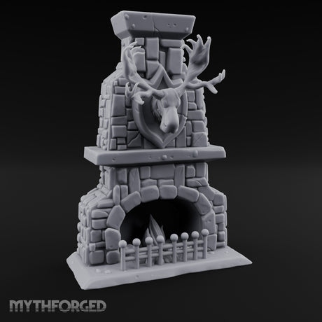 Antler-Mounted Flame-Grated Hunter's Lodge Stone Fireplace Miniature for Dungeons and Dragons, Pathfinder or other TTRPGs