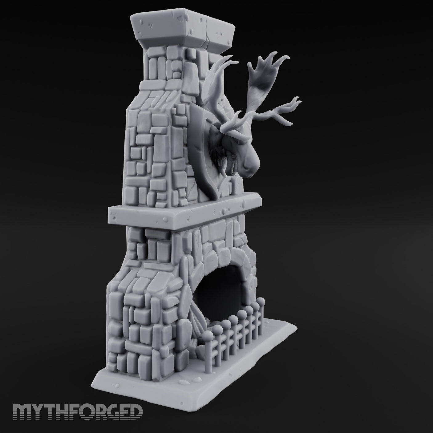 Antler-Mounted Flame-Grated Hunter's Lodge Stone Fireplace Miniature for Dungeons and Dragons, Pathfinder or other TTRPGs