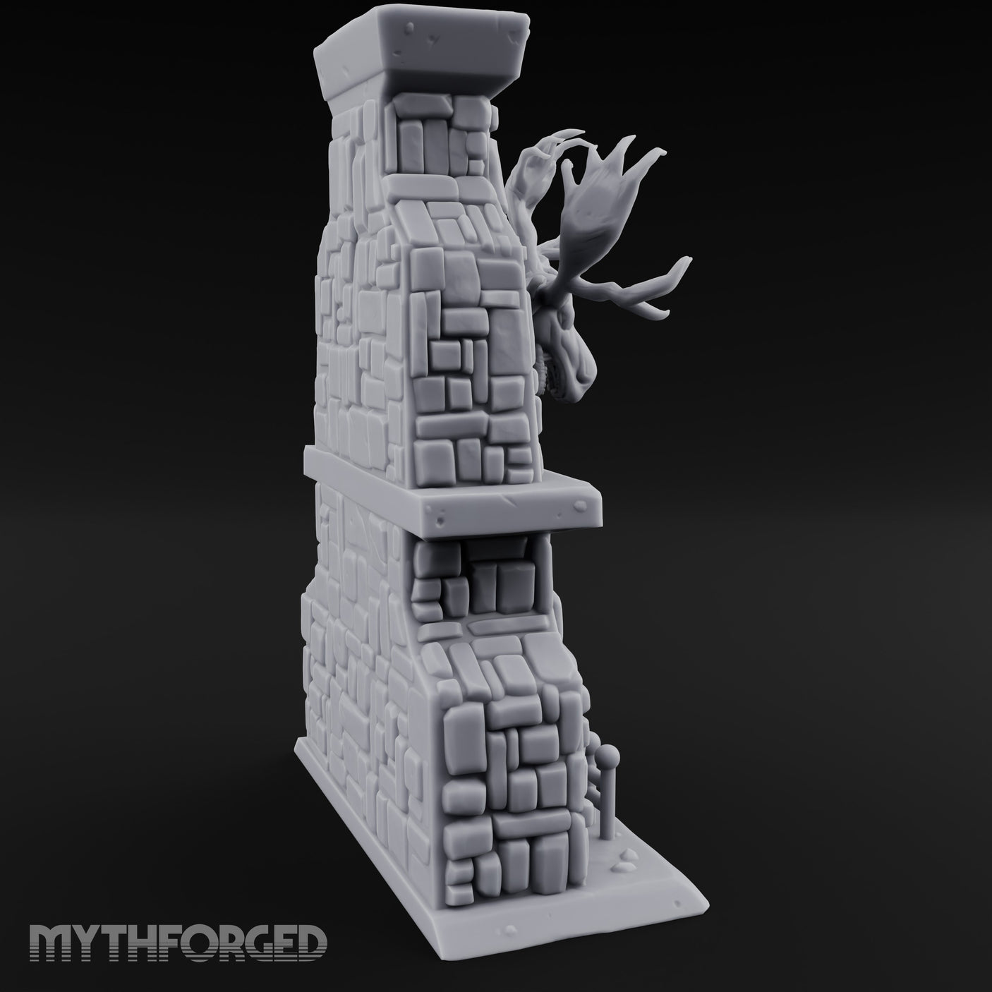 Antler-Mounted Flame-Grated Hunter's Lodge Stone Fireplace Miniature for Dungeons and Dragons, Pathfinder or other TTRPGs