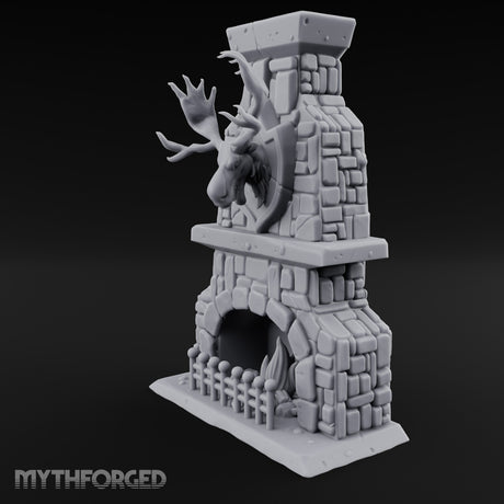 Antler-Mounted Flame-Grated Hunter's Lodge Stone Fireplace Miniature for Dungeons and Dragons, Pathfinder or other TTRPGs