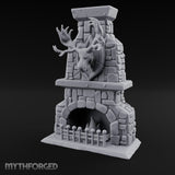 Antler-Mounted Flame-Grated Hunter's Lodge Stone Fireplace Miniature for Dungeons and Dragons, Pathfinder or other TTRPGs