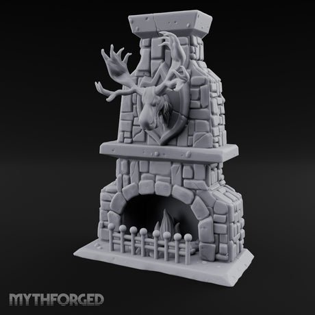 Antler-Mounted Flame-Grated Hunter's Lodge Stone Fireplace Miniature for Dungeons and Dragons, Pathfinder or other TTRPGs