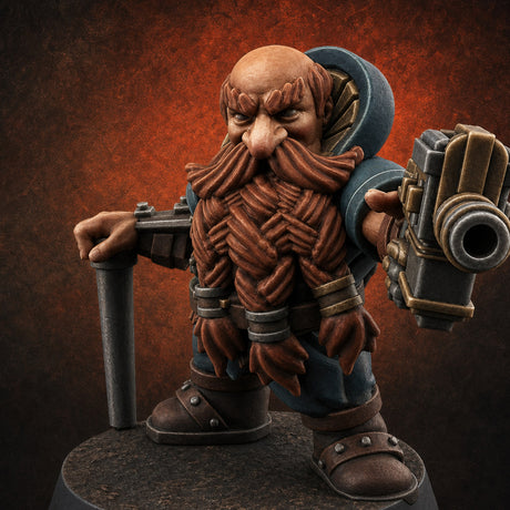 Gear Laden Gunslinger Dwarf Gunner — painted concept preview (miniature supplied unpainted)