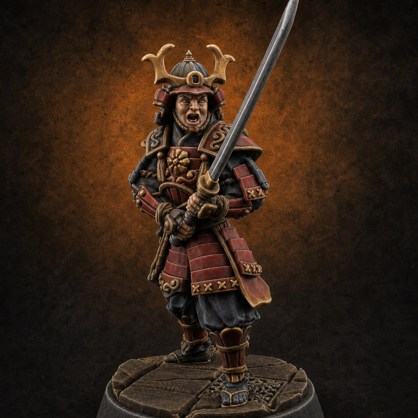 Stern Horned Samurai B — painted concept preview (miniature supplied unpainted)