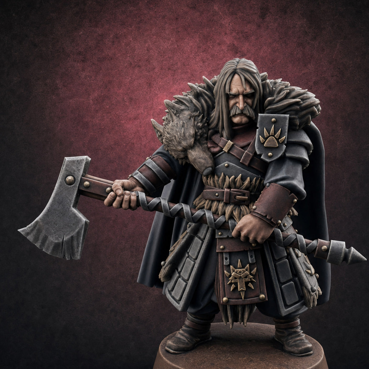 Fur-Cloaked Axe-Brandishing Wolf Clan Warrior B Miniature for Dungeons and Dragons, Pathfinder or other TTRPGs