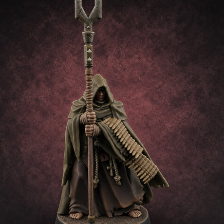 Ammo Draped Fork Staff Gripping Human Monk — painted concept preview (miniature supplied unpainted)