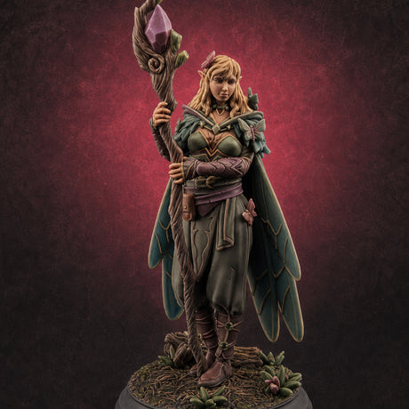 Staff Raising Fairy Sorceress Miniature for Dungeons and Dragons, Pathfinder or other TTRPGs