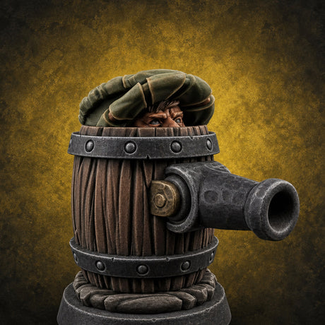 Barrel Popping Halfling Cannoneer Miniature for Dungeons and Dragons, Pathfinder or other TTRPGs