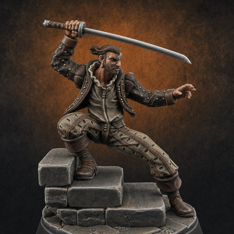 Balanced On Stone Human Swordmaster Miniature for Dungeons and Dragons, Pathfinder or other TTRPGs