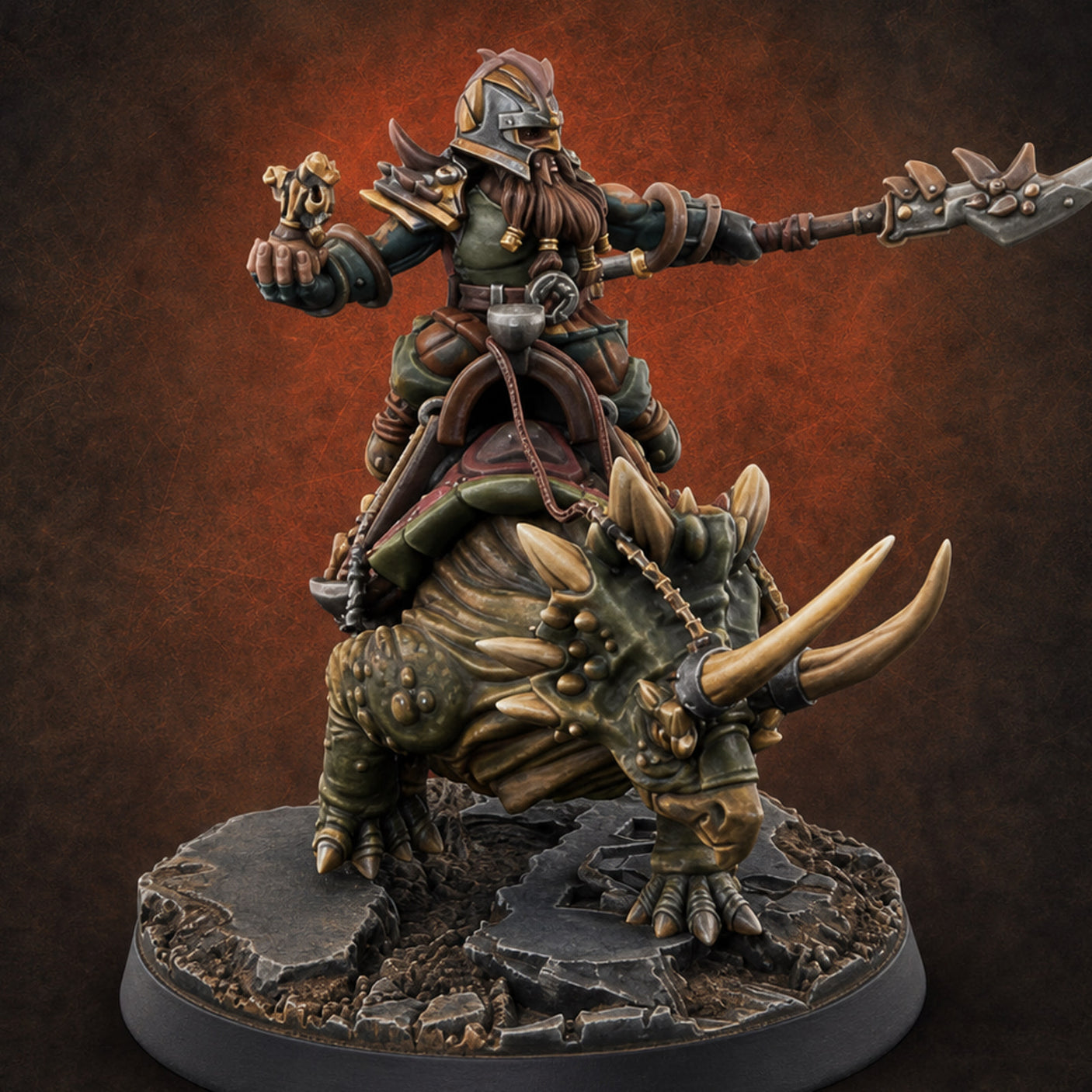 Tusks Raised Bellowing Triceratop Riding Dwarves — painted concept preview (miniature supplied unpainted)