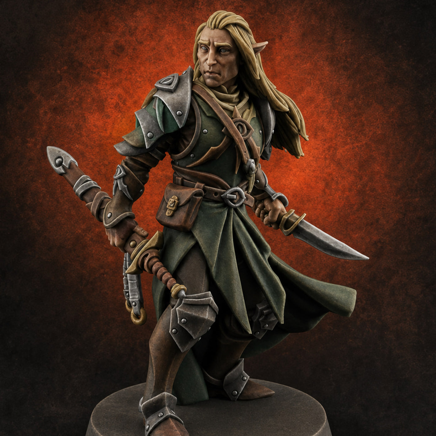 Dual Blades Pensive Elf Fighter — painted concept preview (miniature supplied unpainted)