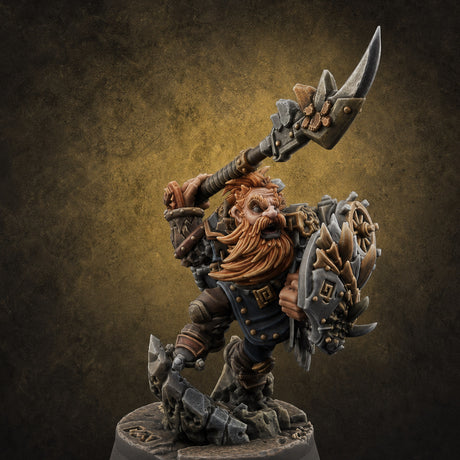 Weapon Held High Triumphant Fire Dwarf Warlord — painted concept preview (miniature supplied unpainted)