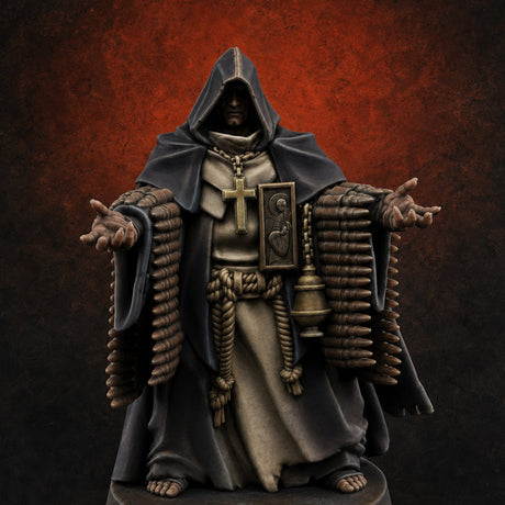Ammo Draped Cross Bearing Human Monk — painted concept preview (miniature supplied unpainted)