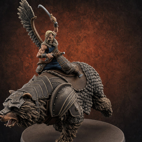 Saber Slashing Hussar Bear Rider Miniature for Dungeons and Dragons, Pathfinder or other TTRPGs
