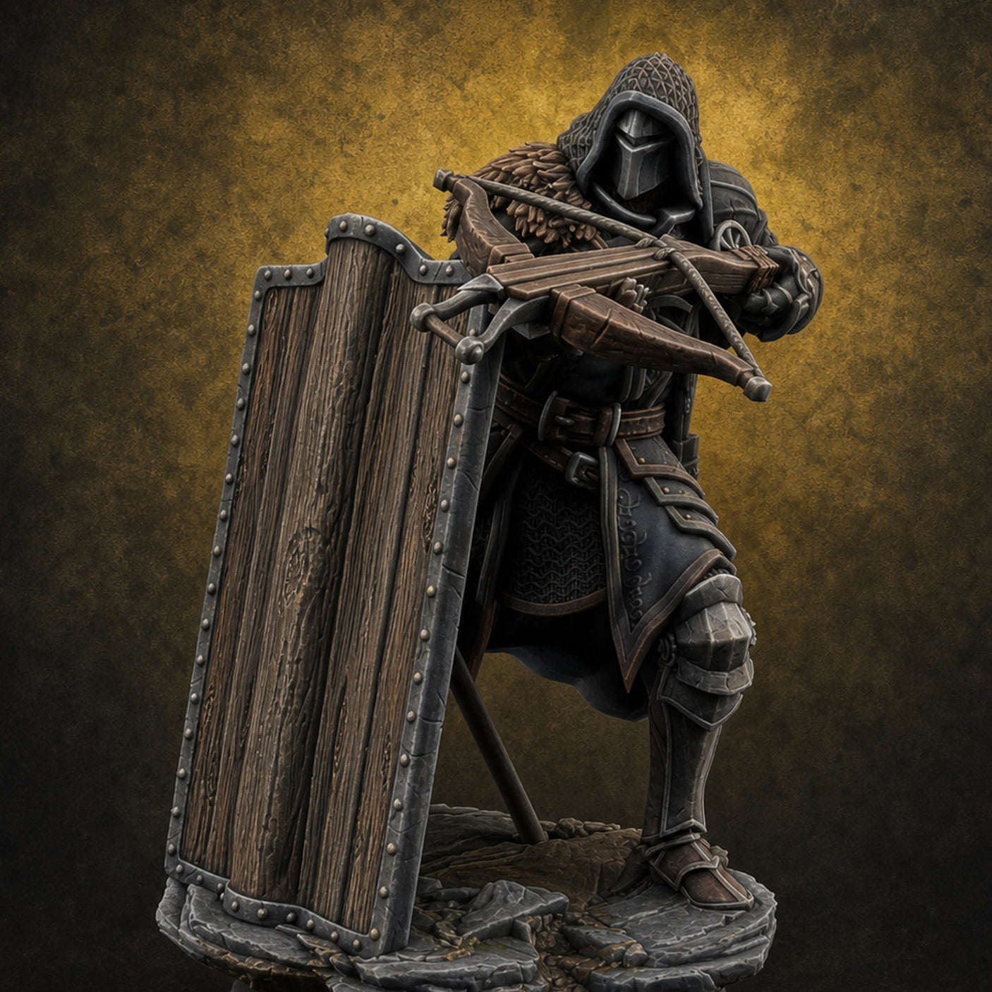 Shield Bracing Crossbow Aiming Human Crossbowman — painted concept preview (miniature supplied unpainted)