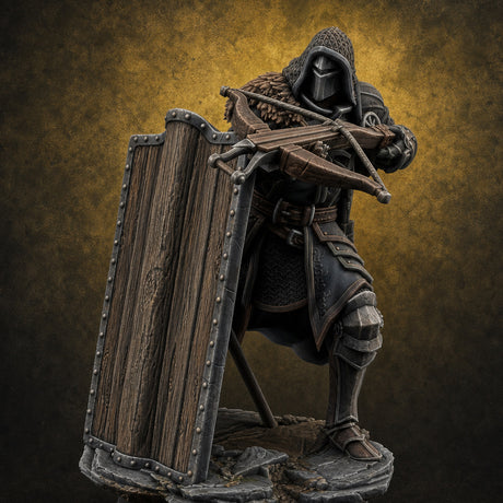 Shield Bracing Crossbow Aiming Human Crossbowman Miniature for Dungeons and Dragons, Pathfinder or other TTRPGs